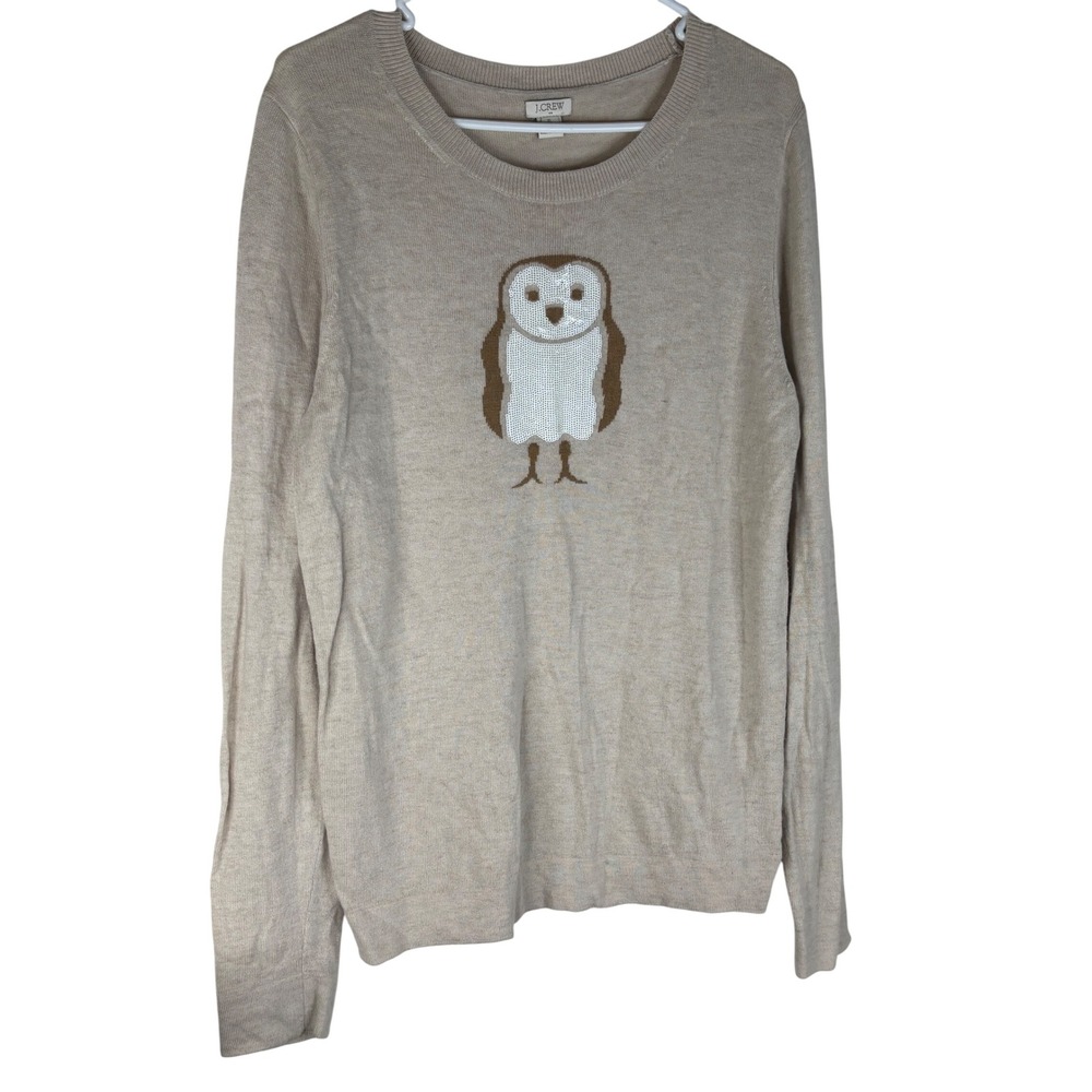 J.Crew Sweater XL Beige Merino Wool Blend Sequin Owl Graphic Crewneck Womens